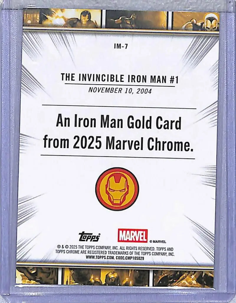 Iron Man trading card from 2025 Topps Chrome Iron series featuring Gold #IM-7