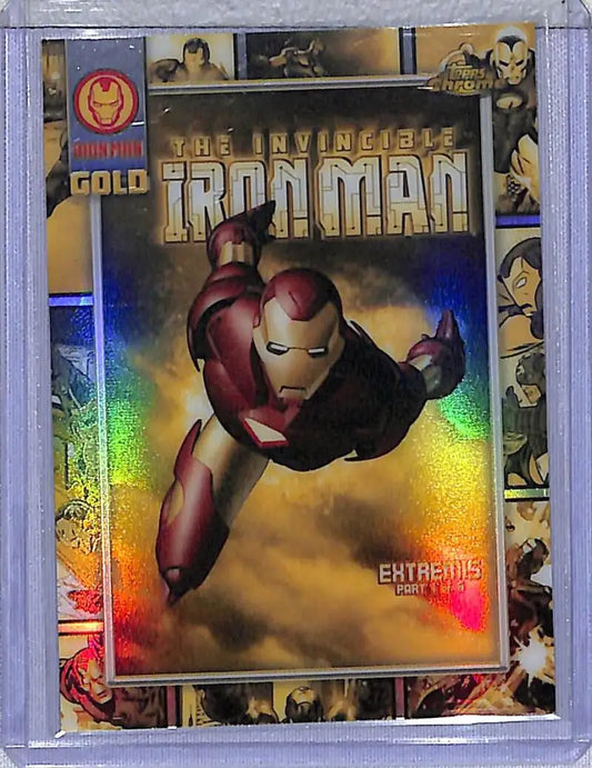 Iron Man trading card from 2025 Topps Chrome Iron series shows detailed gold foil design