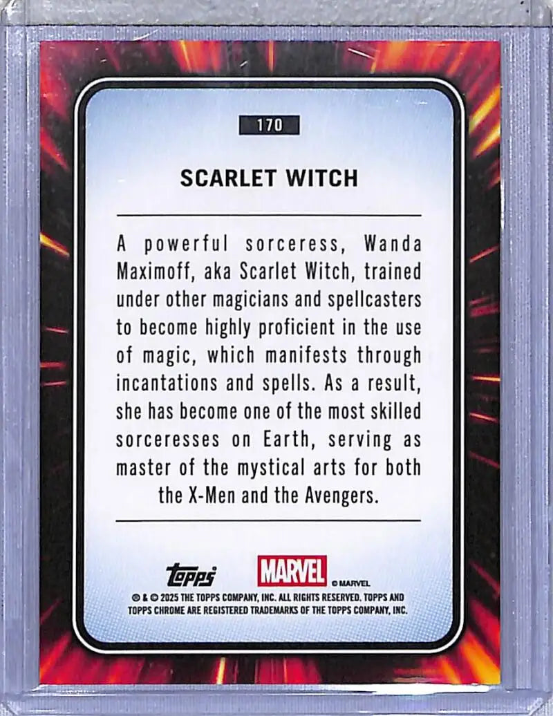 Scarlet Witch trading card from 2025 Topps Chrome Iron Man Red and Gold Lazer series