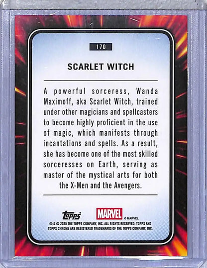 Scarlet Witch trading card from 2025 Topps Chrome Iron Man Red and Gold Lazer series