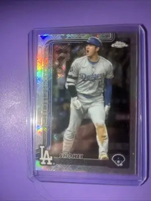 Shohei Ohtani trading card in protective case from 2025 Topps Chrome Logofractor series
