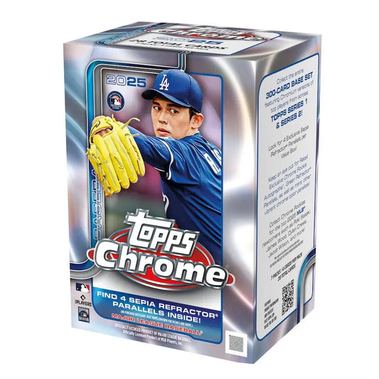 2025 Topps Chrome MLB baseball card hobby box with Dodgers player in blue uniform
