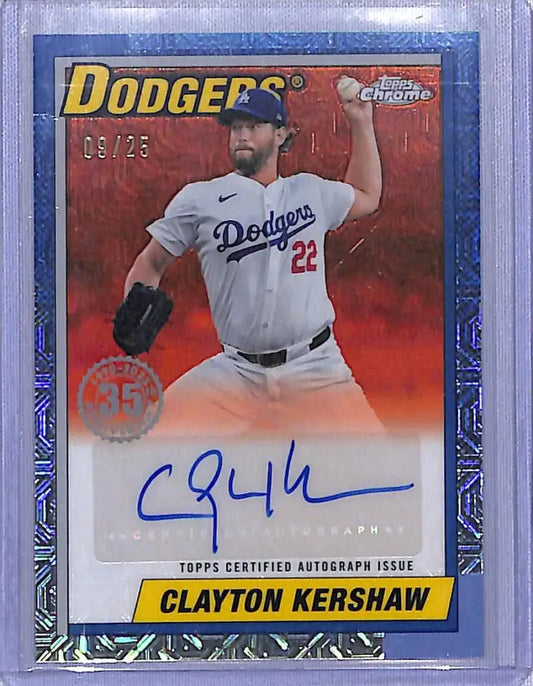 Clayton Kershaw autographed baseball card from 2025 Topps Chrome Orange Mojo series