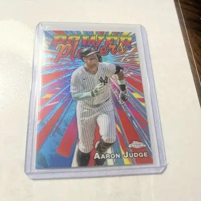 Baseball trading card featuring Aaron Judge from 2025 Topps Chrome Power Players in protective sleeve