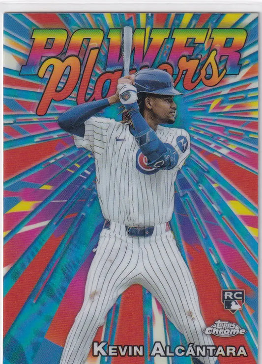 Baseball trading card featuring Kevin Alcántara batting for 2025 Topps Chrome Power Players
