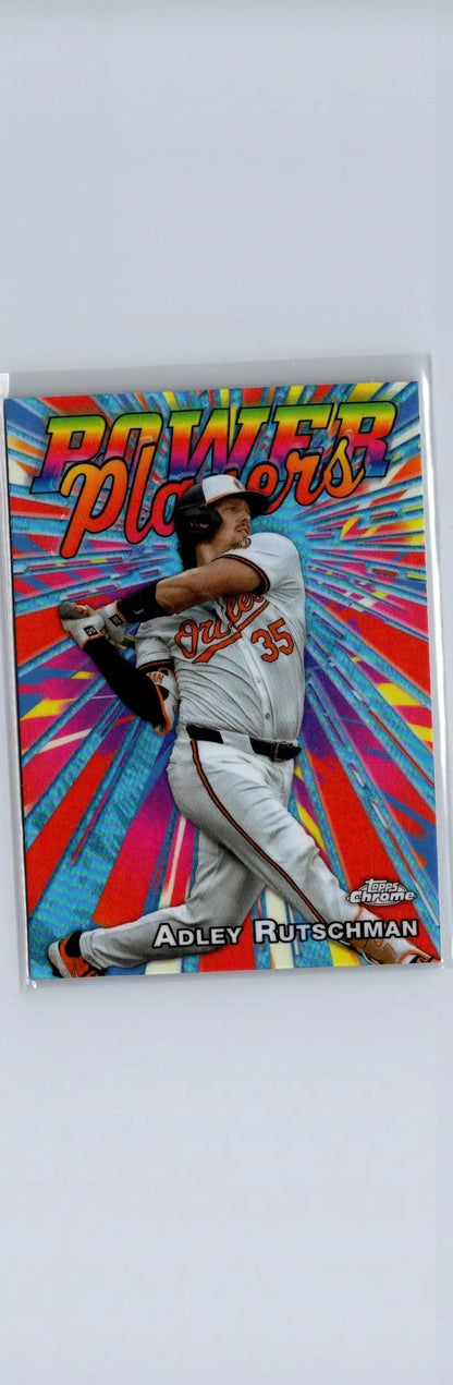 2025 Topps Chrome Adley Rutschman Power Players trading card with vibrant starburst background