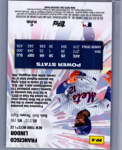 Baseball trading card of Francisco Lindor from 2025 Topps Chrome Lindor Power Players