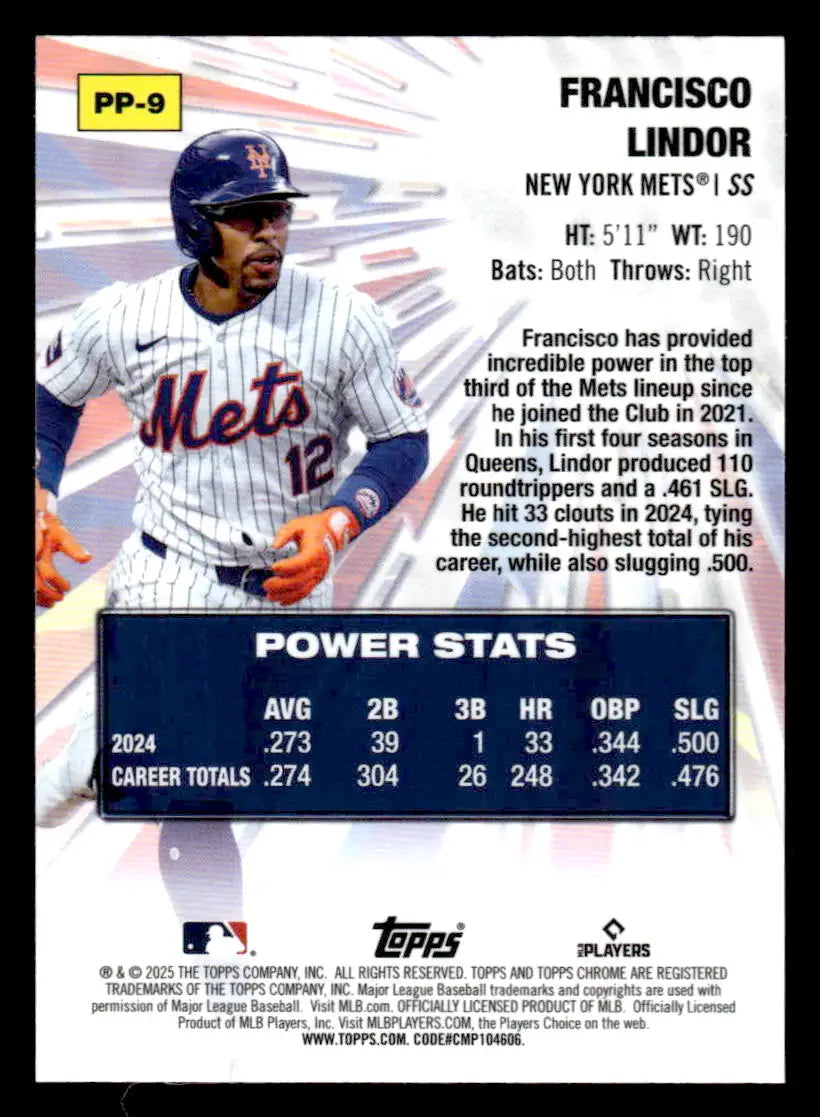 Baseball card of Francisco Lindor from Topps Chrome Power Players 2025 with career and 2024 stats