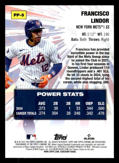 Baseball card of Francisco Lindor from Topps Chrome Power Players 2025 with career and 2024 stats