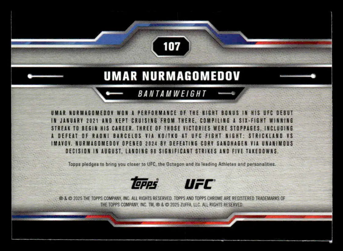 Back of 2025 Topps Chrome Sapphire Edition UFC Umar Nurmagomedov trading card
