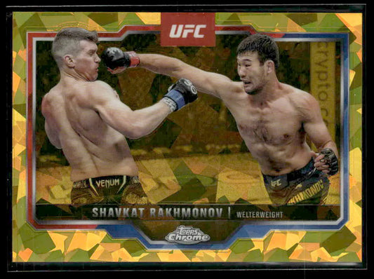Gold UFC trading card featuring Shavkat Rakhmonov in Topps Chrome Sapphire Edition UFC