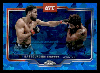 Blue-patterned Topps Chrome Sapphire Edition UFC trading card featuring Nassourdine Imavov in action