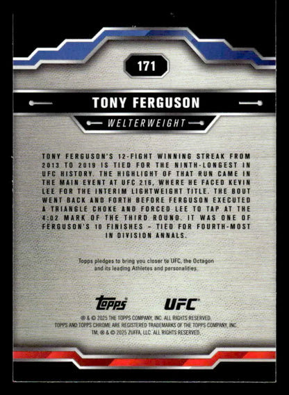 Collectible UFC Tony Ferguson trading card from 2025 Topps Chrome Sapphire Edition