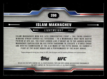 Collectible Islam Makhachev card from 2025 Topps Chrome Sapphire Edition UFC showcasing his 14th win