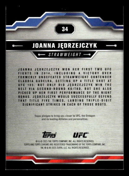 Back of a Joanna Jędrzejczyk UFC trading card from 2025 Topps Chrome Sapphire Edition UFC