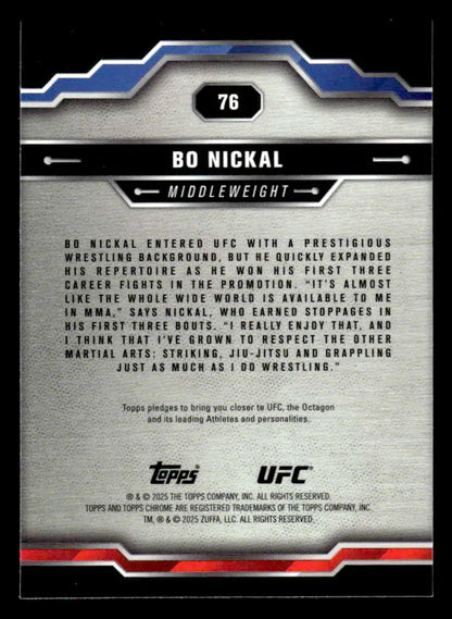 Back of Bo Nickal UFC trading card from 2025 Topps Chrome Sapphire Edition UFC