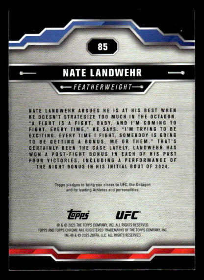 Back of a Nate Landwehr UFC trading card from 2025 Topps Chrome Sapphire Edition UFC