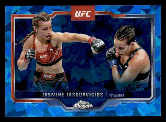 Collectible UFC trading card featuring two female fighters from 2025 Topps Chrome Sapphire Edition UFC