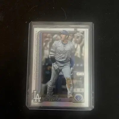 Baseball trading card of Shohei Ohtani in protective sleeve from 2025 Topps Chrome Shohei series