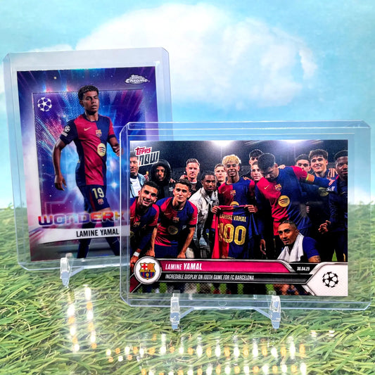 Two Lamine Yamal Topps Chrome soccer trading cards from 2025 Topps Now FC Barcelona