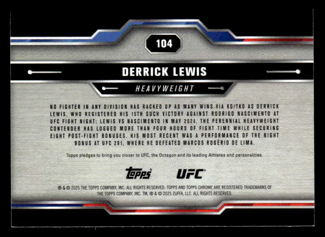 Collectible Derrick Lewis trading card from 2025 Topps Chrome UFC series