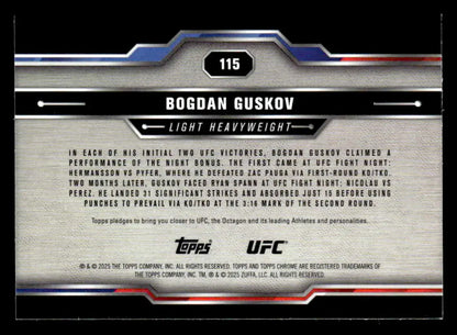 Reverse side of 2025 Topps Chrome UFC Bogdan Guskov trading card with fight record and bonuses