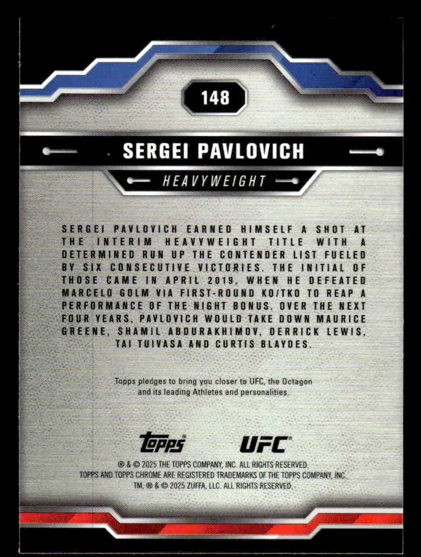 Collectible Topps Chrome UFC trading card of Sergei Pavlovich from 2025 Topps Chrome UFC #148