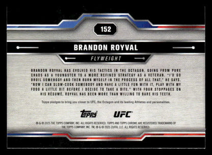 Back of a Brandon Royval Topps Chrome UFC trading card in the 2025 Sepia Refractor set