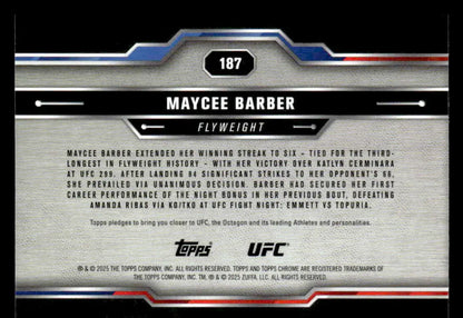Back of a Maycee Barber Topps Chrome UFC trading card from 2025 Topps Chrome UFC #187