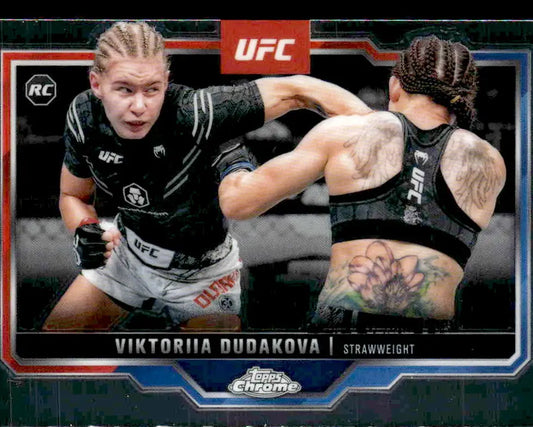 UFC trading card featuring Viktoriia Dudakova in a dynamic pose from Topps Chrome UFC 2025