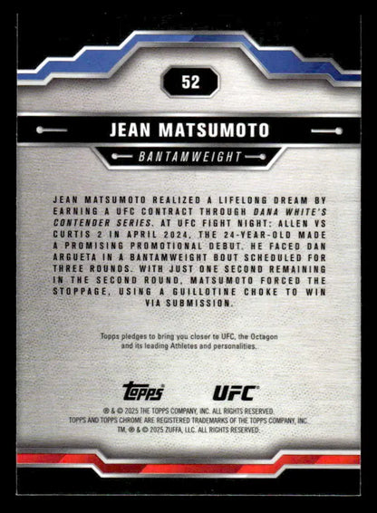Back of 2025 Topps Chrome UFC Jean Matsumoto trading card showing fight history and career