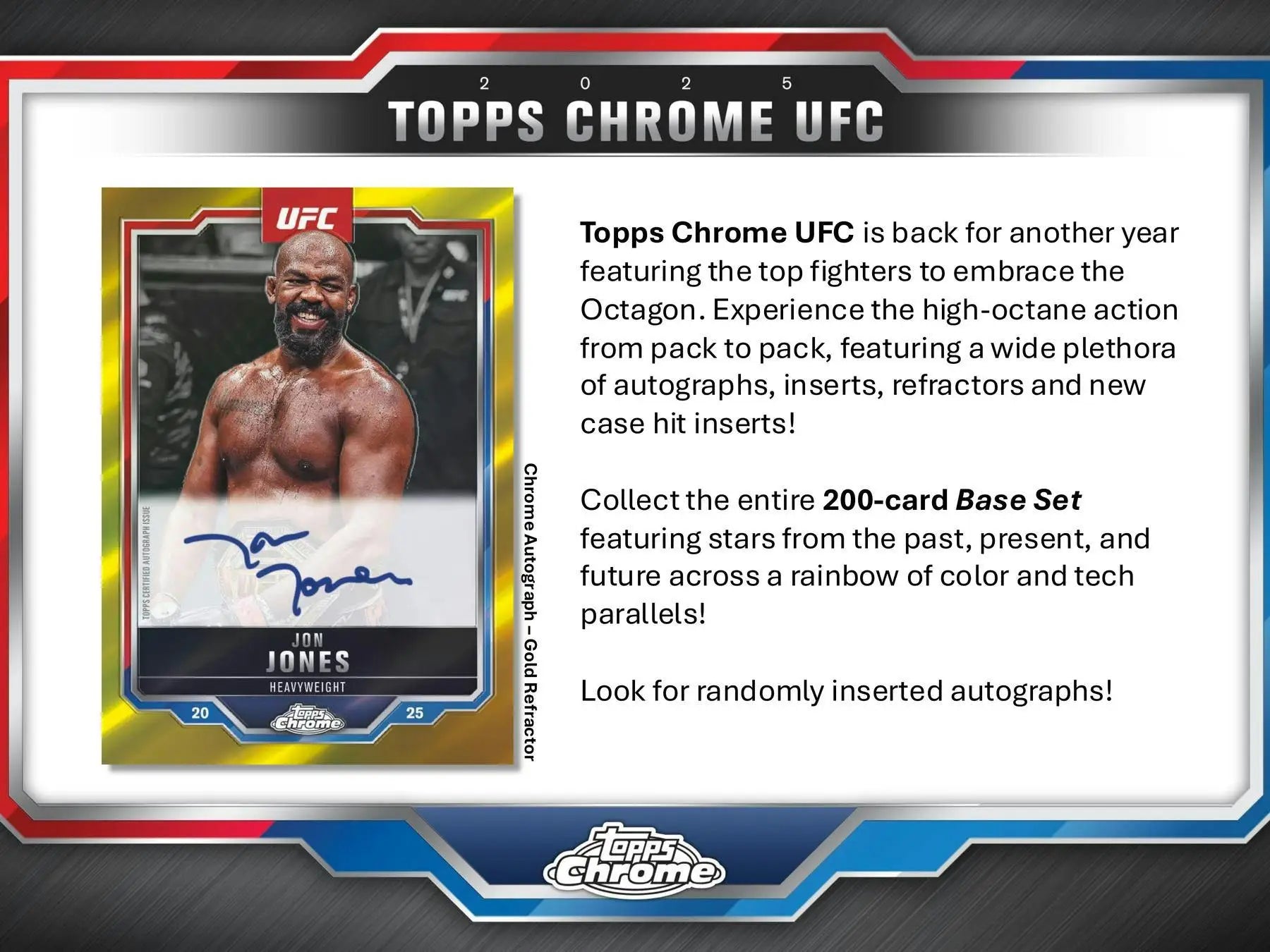 Topps Chrome UFC blaster box featuring Jon Jones autograph trading card from 2025 Topps Chrome UFC