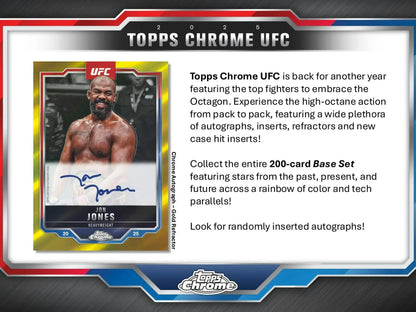 Topps Chrome UFC blaster box featuring Jon Jones autograph trading card from 2025 Topps Chrome UFC