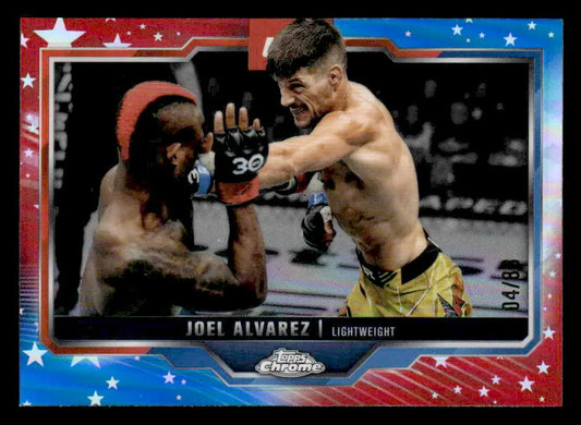 Holographic 2025 Topps Chrome UFC Joel Alvarez trading card with red and blue refractor