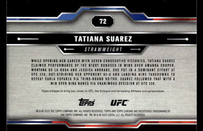 Back of a Tatiana Suarez Topps Chrome UFC trading card in the 2025 Topps Chrome UFC set