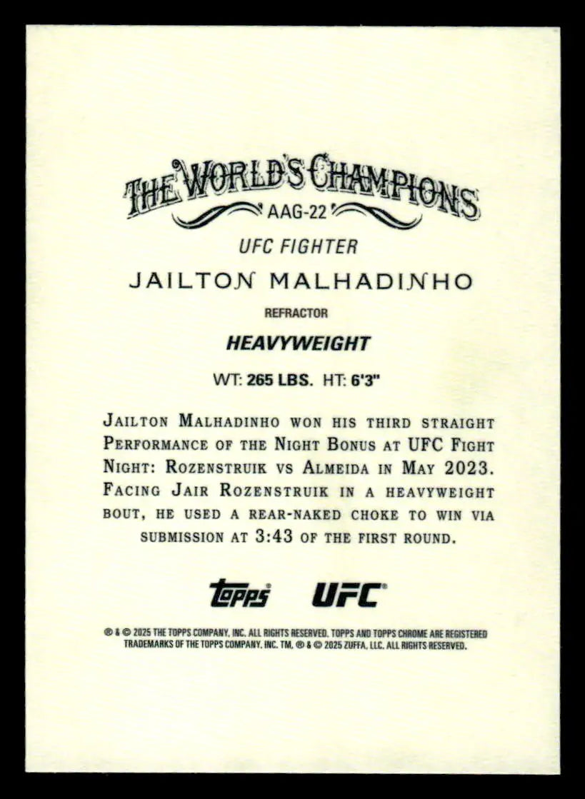 UFC fighter card of Jailton Malhadinho from 2025 Topps Chrome UFC series