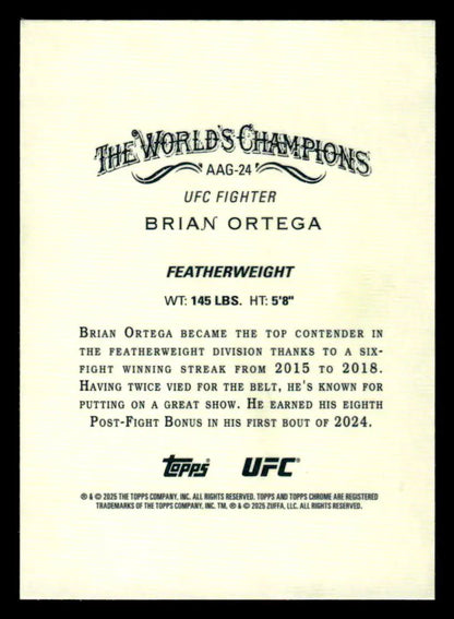 Collectible Topps Chrome UFC trading card of Brian Ortega with stats and career highlights