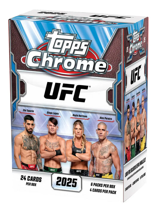 Box of 2025 Topps Chrome UFC trading cards in a Topps Chrome UFC Blaster Box