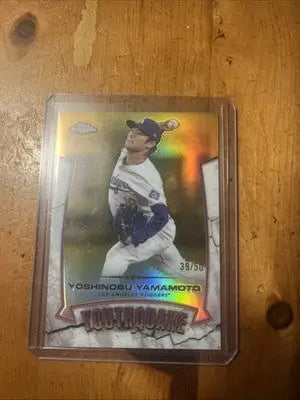 2025 Topps Chrome Yoshinobu Yamamoto YouthQuake Gold Refractor trading card in case