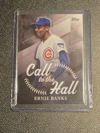 Baseball trading card featuring Ernie Banks in Chicago Cubs uniform from 2025 Topps