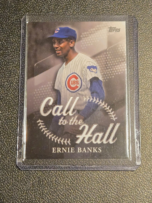 Baseball trading card featuring Ernie Banks in Chicago Cubs uniform from 2025 Topps