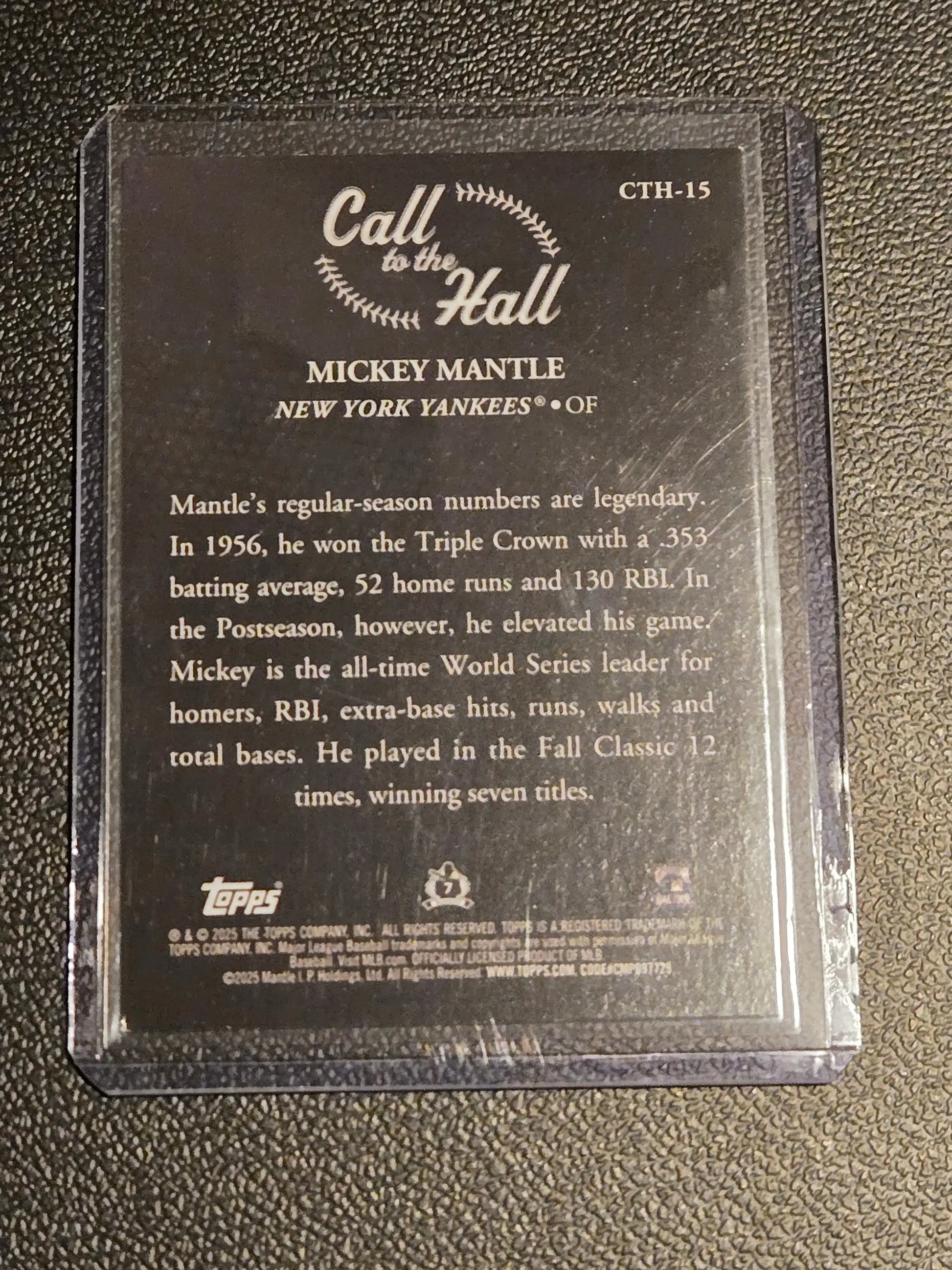 Mickey Mantle Call to the Hall trading card from 2025 Topps in protective sleeve