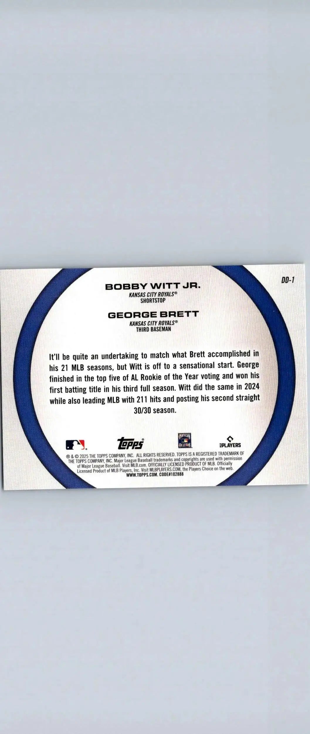 Baseball card back featuring George Brett and Bobby Witt Jr. from Dynamic Duos set