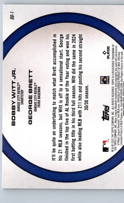 Baseball card back featuring George Brett and Bobby Witt from 2025 Topps Dynamic Duos