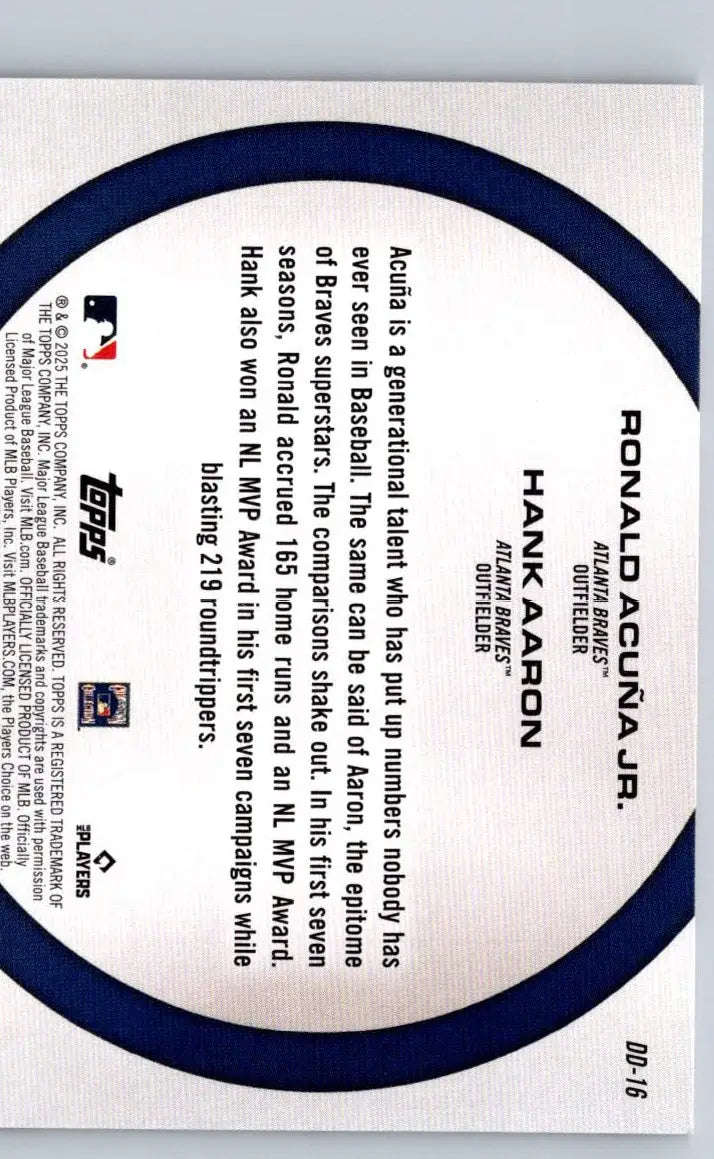 Baseball card back featuring Hank Aaron and Ronald Acuña from 2025 Topps Dynamic Duos