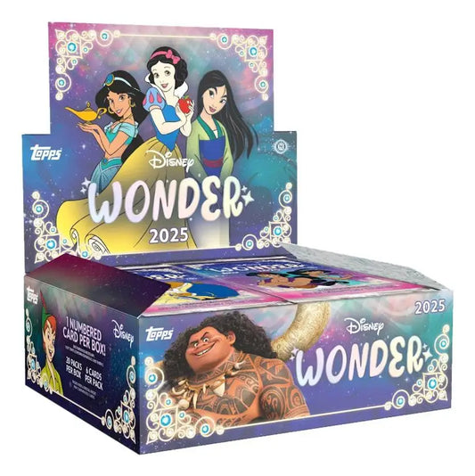 Display box of Disney trading cards from the 2025 Topps Disney Wonder Hobby Box