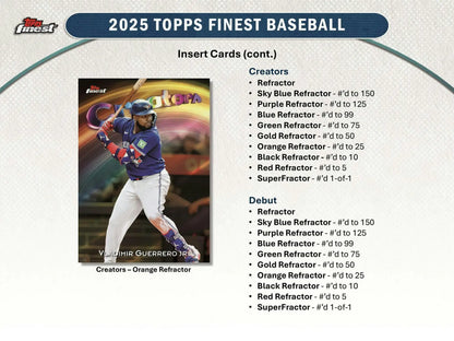 Collectible Vladimir Guerrero Jr Orange Refractor base card from 2025 Topps Finest Baseball Hobby Box