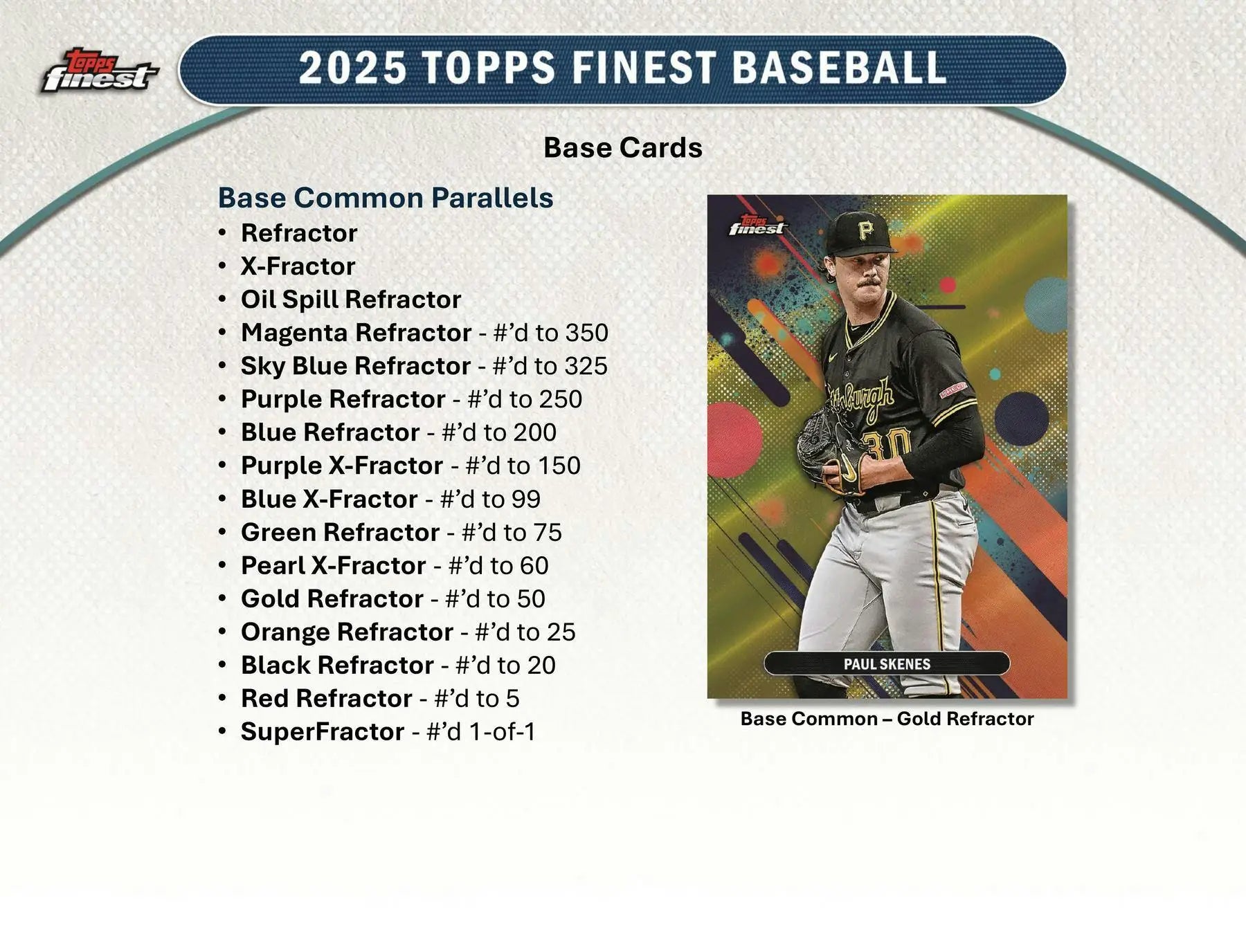 Base card featuring Paul Skenes in Pirates uniform with gold refractor parallel from 2025 Topps Finest Baseball Hobby Box