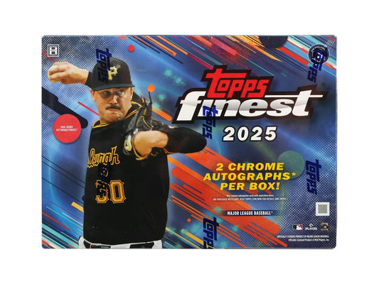 Sealed 2025 Topps Finest Baseball Hobby Box with base cards, five base cards, and chrome autographs