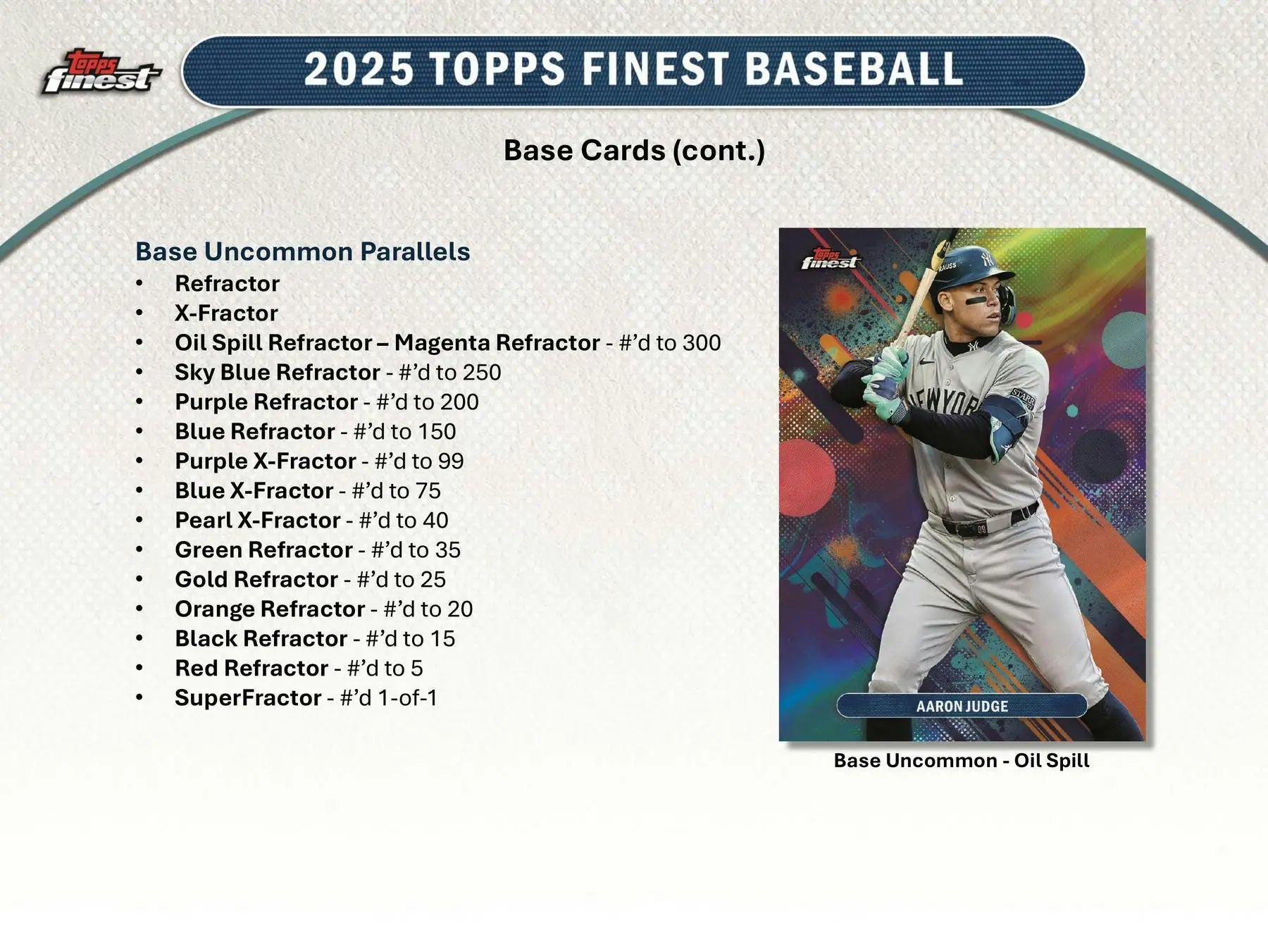 Presentation slide showcasing 2025 Topps Finest Baseball base card parallels with an example card